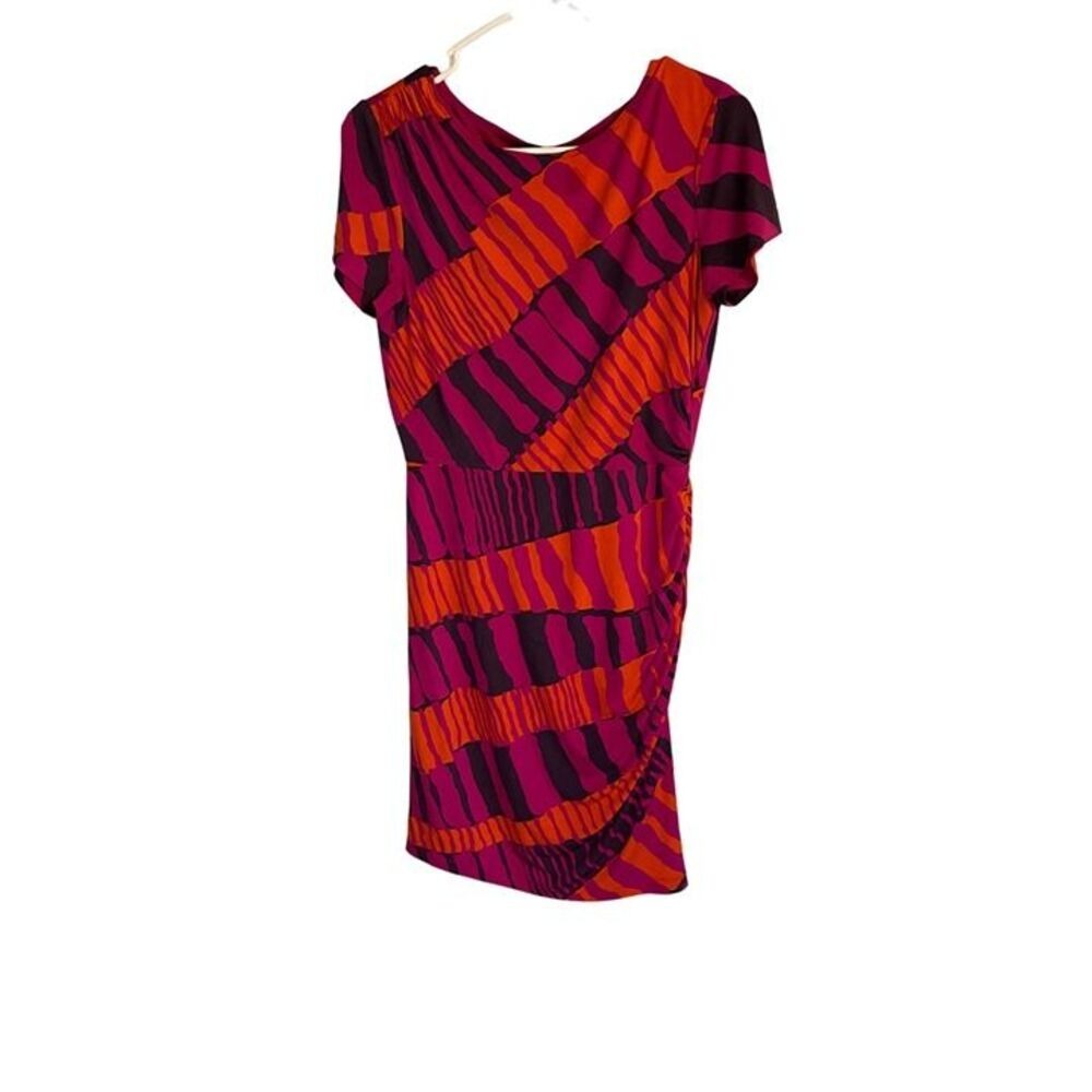 Donna Morgan Pink Orange Abstract Ruched Sheath Dress Size 8 Short Sleeve